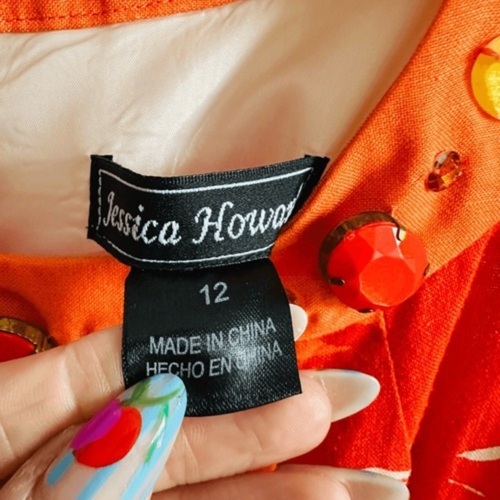 Vintage Jessica Howard Orange Floral Linen Blend Embellished Shift Dress 12 - Picture 4 of 8